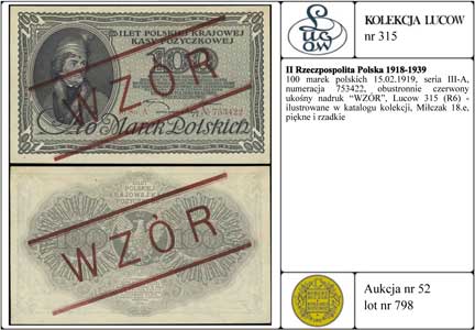 100 marek polskich 15.02.1919, seria III-A, numeracja 753422, obustronnie czerwony ukośny nadruk \WZÓR, Lucow 315 (R6) - ilustrowane w katalogu kolekcji