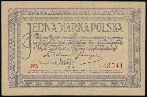 1 marka polska 17.05.1919, seria PB, numeracja 443541, Lucow 324 (R1) - ilustrowane w katalogu kolekcji, Miłczak 19a, pięknie zachowane