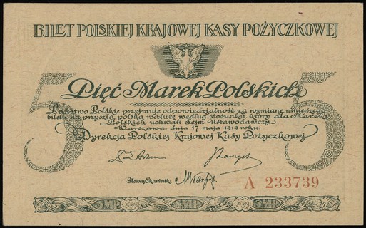 5 marek polskich 17.05.1919, seria A, numeracja 233739, Lucow 328 (R2) - ilustrowane w katalogu kolekcji, Miłczak 20b, bardzo ładne