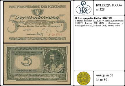 5 marek polskich 17.05.1919, seria A, numeracja 233739, Lucow 328 (R2) - ilustrowane w katalogu kolekcji, Miłczak 20b, bardzo ładne