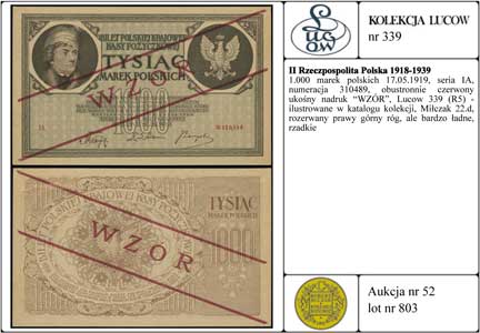 1.000 marek polskich 17.05.1919, seria IA, numeracja 310489, obustronnie czerwony ukośny nadruk \WZÓR, Lucow 339 (R5) - ilustrowane w katalogu kolekcji