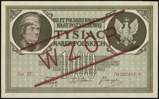 1.000 marek polskich 17.05.1919, seria ZE, numeracja 222462 ❉, obustronnie czerwony ukośny nadruk \WZÓR, Lucow 340 (R5)