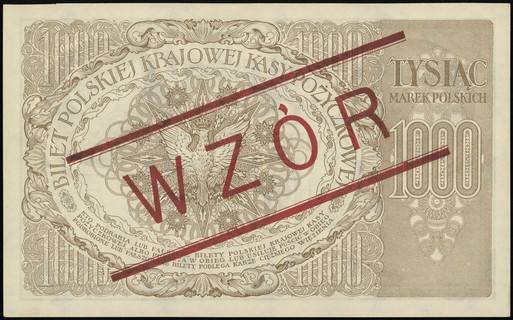 1.000 marek polskich 17.05.1919, seria ZE, numeracja 222462 ❉, obustronnie czerwony ukośny nadruk \WZÓR, Lucow 340 (R5)