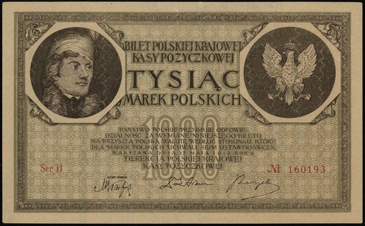 1.000 marek polskich 17.05.1919, seria B, numeracja 160193, fałszerstwo z epoki, papier ze znakiem wodnym \pionowe prążki, Lucow 344 (R6)