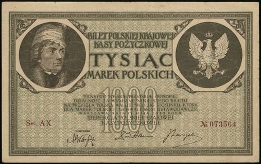 1.000 marek polskich 17.05.1919, seria AX, numeracja 073564, Lucow 348 (R5), Miłczak 22e, rzadkie