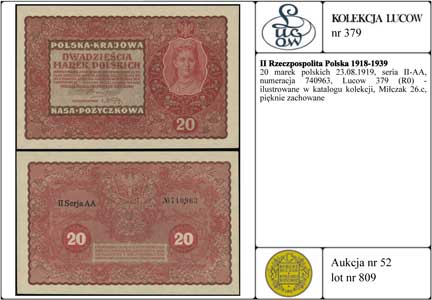 20 marek polskich 23.08.1919, seria II-AA, numeracja 740963, Lucow 379 (R0) - ilustrowane w katalogu kolekcji, Miłczak 26c, pięknie zachowane