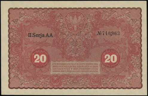 20 marek polskich 23.08.1919, seria II-AA, numeracja 740963, Lucow 379 (R0) - ilustrowane w katalogu kolekcji, Miłczak 26c, pięknie zachowane