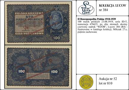 100 marek polskich 23.08.1919, seria ID-T, numeracja 676635, po obu stronach ukośny czerwony nadruk \WZÓR, Lucow 384 (R4) - ilustrowane w katalogu kolekcji