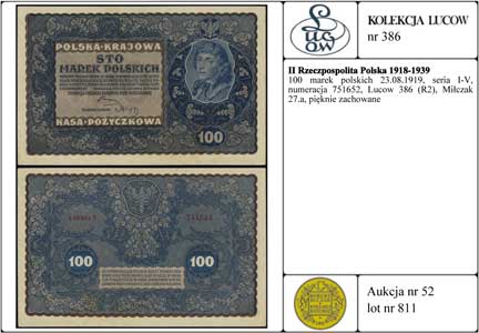 100 marek polskich 23.08.1919, seria I-V, numeracja 751652, Lucow 386 (R2), Miłczak 27a, pięknie zachowane