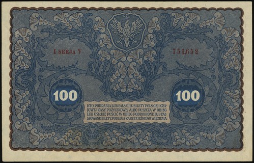 100 marek polskich 23.08.1919, seria I-V, numeracja 751652, Lucow 386 (R2), Miłczak 27a, pięknie zachowane