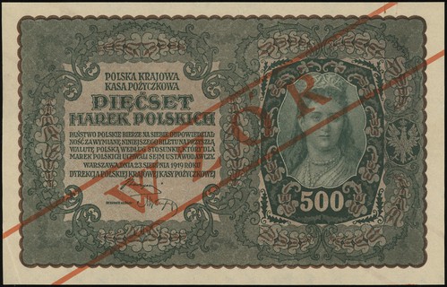 500 marek polskich 23.08.1919, seria I-BM, numeracja 104960, po obu stronach ukośny czerwony nadruk \WZÓR, Lucow 390 (R4)
