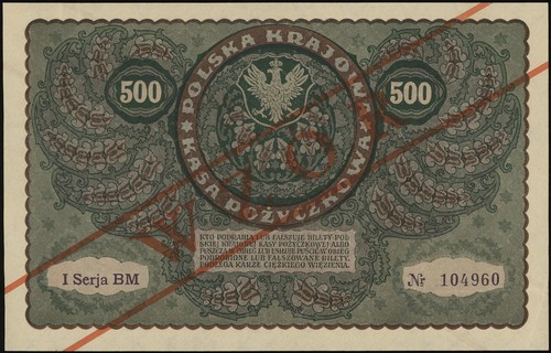 500 marek polskich 23.08.1919, seria I-BM, numeracja 104960, po obu stronach ukośny czerwony nadruk \WZÓR, Lucow 390 (R4)