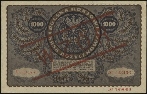 1.000 marek polskich 23.08.1919, seria III-AA, numeracja 123456 / 789000, po obu stronach ukośny czerwony nadruk \WZÓR, Lucow 400a (R5)