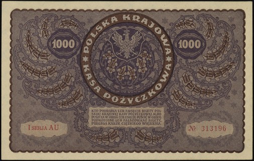 1.000 marek polskich 23.08.1919, seria I-AU, numeracja 313196, Lucow 404 (R1) - ilustrowany fragment w katalogu kolekcji, Miłczak 29b, pięknie zachowane