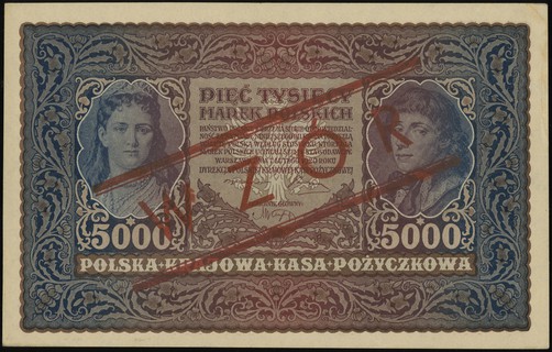 5.000 marek polskich 7.02.1920, seria II-R, numeracja 545833, po obu stronach ukośny czerwony nadruk \WZÓR, Lucow 414 (R4)