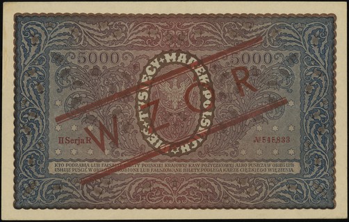 5.000 marek polskich 7.02.1920, seria II-R, numeracja 545833, po obu stronach ukośny czerwony nadruk \WZÓR, Lucow 414 (R4)