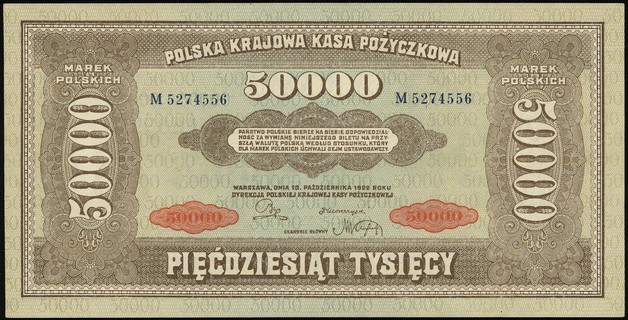 50.000 marek polskich 10.10.1922, seria M, numeracja 5274556, Lucow 425 (R3), Miłczak 33, pięknie zachowane