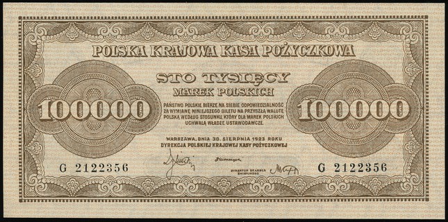 100.000 marek polskich 30.08.1923, seria G, numeracja 2122356, Lucow 433 (R3), Miłczak 35, wyśmienite