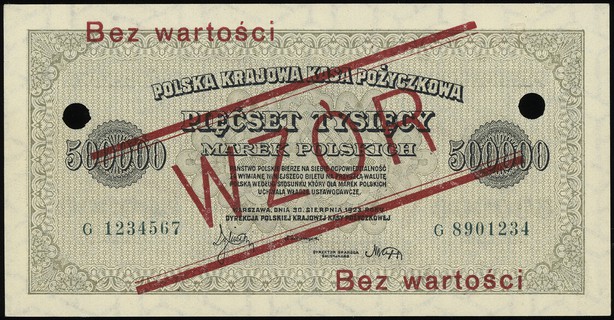 500.000 marek polskich 30.08.1923, seria G, numeracja 1234567 / 8901234, po obu stronach ukośny czerwony nadruk \WZÓR\" oraz dwukrotny poziomy \"Bez wartości, dwukrotnie perforowane