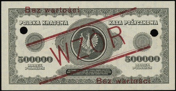 500.000 marek polskich 30.08.1923, seria G, numeracja 1234567 / 8901234, po obu stronach ukośny czerwony nadruk \WZÓR\" oraz dwukrotny poziomy \"Bez wartości, dwukrotnie perforowane