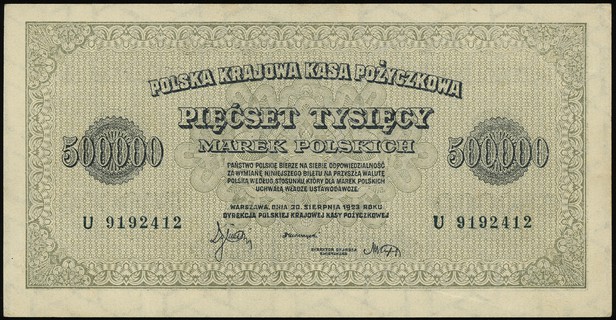 500.000 marek polskich 30.08.1923, seria U, numeracja 9192412, Lucow 439 (R4), Miłczak 36h, niewielkie defekty, ale piękne