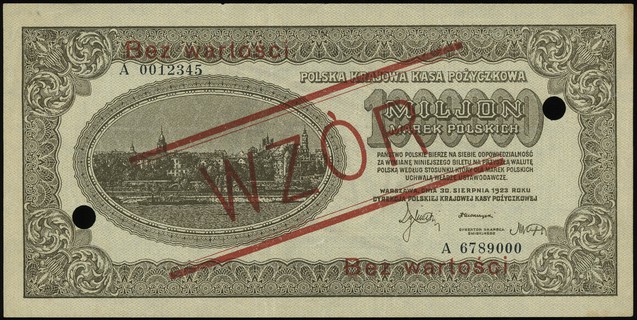 1.000.000 marek polskich 30.08.1923, WZÓR, dwukrotnie perforowane, seria A 0012345 / A 6789000, Lucow 450 (R5), Miłczak 37b, rzadkie