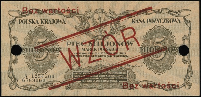 5.000.000 marek polskich 20.11.1923, WZÓR, dwukrotnie perforowane, seria A 1234500 / A 6789000, Lucow 454 (R6), Miłczak 38, rzadkie i pięknie zachowane