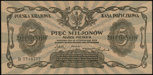 5.000.000 marek polskich 20.11.1923, seria B, numeracja 7718777, Lucow 456 (R5), Miłczak 38, rzadkie w tak pięknym stanie zachowania