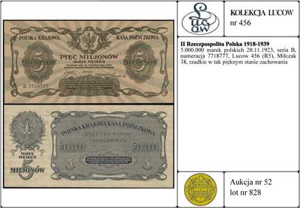 5.000.000 marek polskich 20.11.1923, seria B, numeracja 7718777, Lucow 456 (R5), Miłczak 38, rzadkie w tak pięknym stanie zachowania