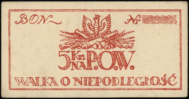 Polska Organizacja Wojskowa, 5 koron, bez oznaczenia serii i numeracji, Lucow 504 (R4), naddarcie, ale bardzo ładnie zachowane
