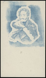 odbitka w kolorze zielono-niebieskim matrycy rysunku popiersia księcia Józefa Poniatowskiego, wykorzystanego przez Eugena Gaspe do projektu banknotu 5 złotych 28.02.1919, odbitka zawiera jedynie linie wykorzystane w druku stalorytniczym, Lucow 568-571, Miłczak 49, sygnatura E.Gaspe pod lewym ramieniem, duża rzadkość w pięknym stanie zachowania