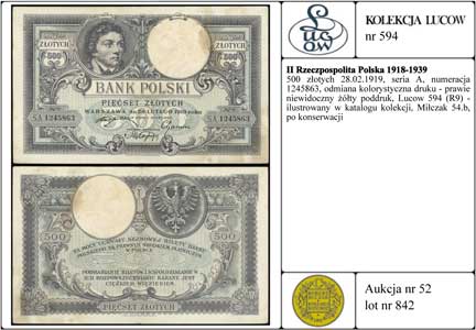 500 złotych 28.02.1919, seria A, numeracja 1245863, odmiana kolorystyczna druku - prawie niewidoczny żółty poddruk, Lucow 594 (R9) - ilustrowany w katalogu kolekcji, Miłczak 54b, po konserwacji