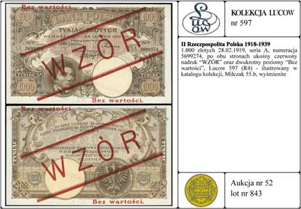 1.000 złotych 28.02.1919, seria A, numeracja 5699274, po obu stronach ukośny czerwony nadruk \WZÓR\" oraz dwukrotny poziomy \"Bez wartości, Lucow 597 (R4) - ilustrowany w katalogu kolekcji