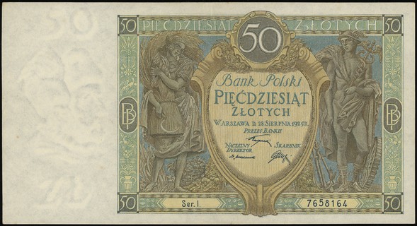 50 złotych 28.08.1925, seria I, numeracja 7658164, Lucow 623 (R3), Miłczak 62a, ugięcie w pionie, rzadkie i dość ładnie zachowane jak na ten typ banknotu