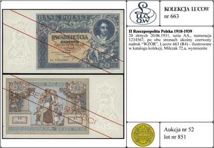 20 złotych 20.06.1931, seria AA., numeracja 1234