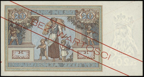 20 złotych 20.06.1931, seria AA., numeracja 1234567, po obu stronach ukośny czerwony nadruk \WZÓR, Lucow 663 (R4) - ilustrowane w katalogu kolekcji