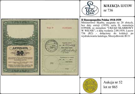 Ministerstwo Skarbu, asygnata na 20 złotych, bez daty emisji (1939), seria D, numeracja 0199408, ze stemplem \URZĄD SKARBOWY W WILNIE, z datą wydania 2.09.1939