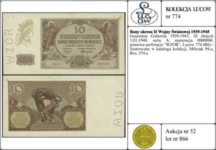 Generalna Gubernia 1939-1945, 10 złotych 1.03.1940, seria A, numeracja 0000000, pionowa perforacja \WZÓR, Lucow 774 (R6) - ilustrowane w katalogu kolekcji