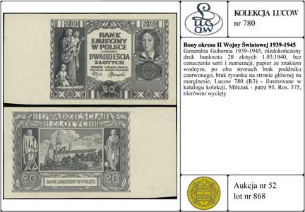 Generalna Gubernia 1939-1945, niedokończony druk banknotu 20 złotych 1.03.1940, bez oznaczenia serii i numeracji, papier ze znakiem wodnym, po obu stronach brak poddruku czerwonego, brak rysunku na stronie głównej na marginesie, Lucow 780 (R3) - ilustrowane w katalogu kolekcji, Miłczak - patrz 95, Ros. 575, nierówno wycięty