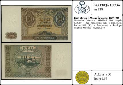 Generalna Gubernia 1939-1945, 100 złotych 1.08.1941, bez oznaczenia serii i numeracji, Lucow 818 (R3) - ilustrowane w katalogu kolekcji, Miłczak 103, Ros. 583