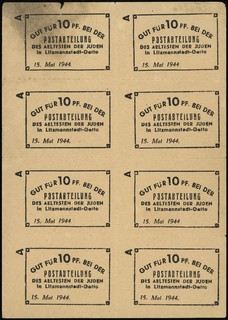 Poczta Getta Łódzkiego 1940-1943, nierozerwany arkusz zawierający 8 bonów po 10 fenigów 15.05.1944, seria A, bez numeracji, papier bez znaku wodnego, Lucow 876 (R6) - ilustrowany w katalogu kolekcji, Miłczak Ł9a, Campbell 4213b