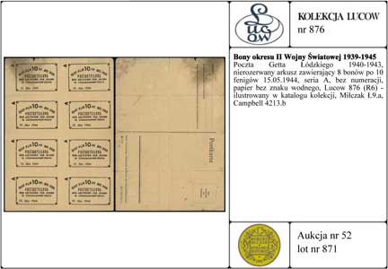 Poczta Getta Łódzkiego 1940-1943, nierozerwany arkusz zawierający 8 bonów po 10 fenigów 15.05.1944, seria A, bez numeracji, papier bez znaku wodnego, Lucow 876 (R6) - ilustrowany w katalogu kolekcji, Miłczak Ł9a, Campbell 4213b