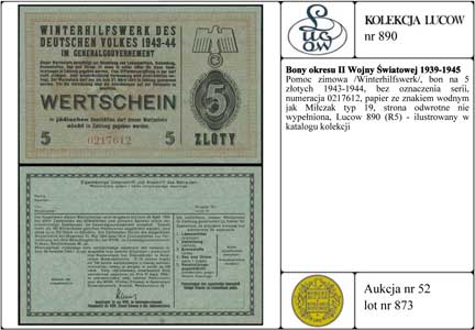 Pomoc zimowa /Winterhilfswerk/, bon na 5 złotych 1943-1944, bez oznaczenia serii, numeracja 0217612, papier ze znakiem wodnym jak Miłczak typ 19, strona odwrotne nie wypełniona, Lucow 890 (R5) - ilustrowany w katalogu kolekcji