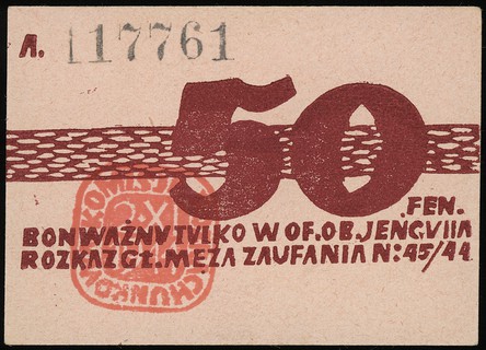 Obóz VII-A w Murnau, bon na 50 fenigów 2.11.1944, seria A, numeracja 117761, Lucow 941a (numeracja 6-cio cyfrowa) - dołączony do kolekcji po wydrukowaniu katalogu, Campbell 3813