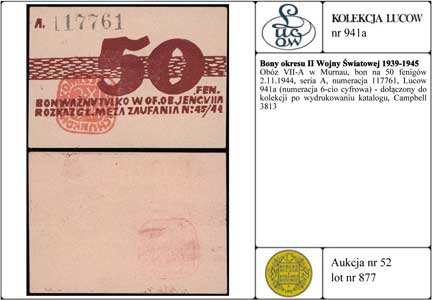 Obóz VII-A w Murnau, bon na 50 fenigów 2.11.1944, seria A, numeracja 117761, Lucow 941a (numeracja 6-cio cyfrowa) - dołączony do kolekcji po wydrukowaniu katalogu, Campbell 3813