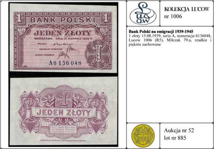 1 złoty 15.08.1939, seria A, numeracja 6136048, Lucow 1006 (R5), Miłczak 79a, rzadkie i pięknie zachowane