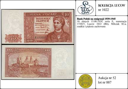 10 złotych 15.08.1939, seria E, numeracja 172027