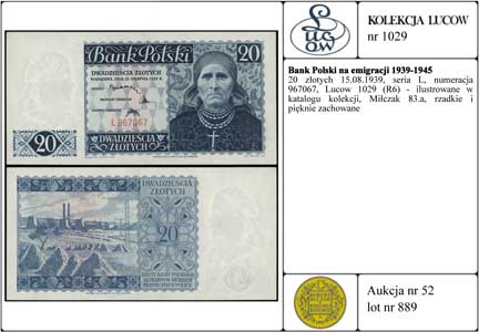 20 złotych 15.08.1939, seria L, numeracja 967067, Lucow 1029 (R6) - ilustrowane w katalogu kolekcji, Miłczak 83a, rzadkie i pięknie zachowane