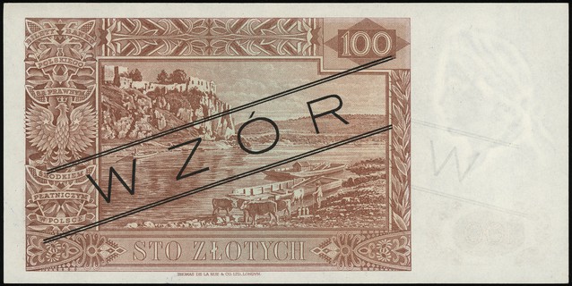 100 złotych 15.08.1939, seria A, numeracja 012345, obustronnie czarny ukośny nadruk \WZÓR, bez perforacji
