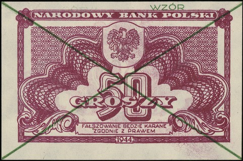 50 groszy 1944, WZÓR z zielonym nadrukiem przekreślającym oraz egzemplarz obiegowy, Lucow 1072 (R3) i 1074 (R2), Miłczak 104a, razem 2 sztuki, pięknie zachowane